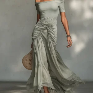 Clara - Vestido Maxi de Tela Stretch Gris y Chiffon para Mujer