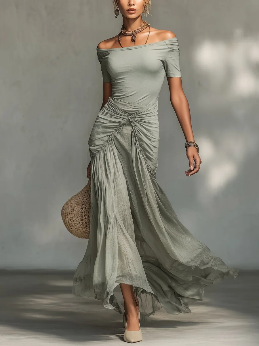 Clara - Vestido Maxi de Tela Stretch Gris y Chiffon para Mujer - Imagen 2