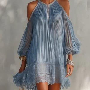 Soffia - Vestido Mini Arrugado Azul con Hombros al Descubierto y Cierre de Encaje para Mujer
