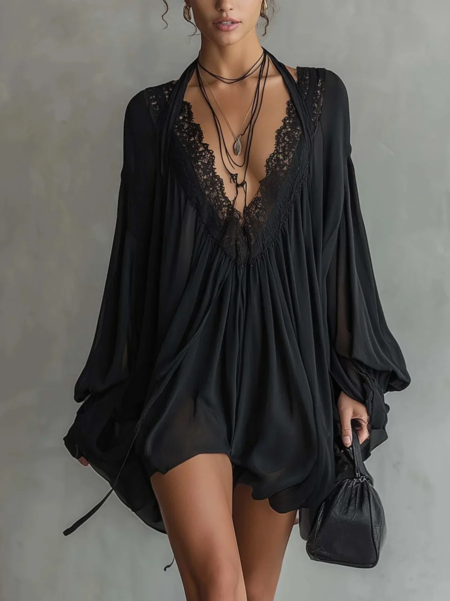 Laura - Vestido Mini de Chiffon Negro con Escote de Encaje para Mujer