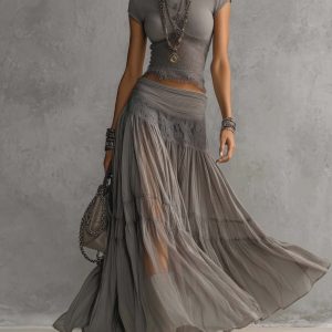 Luisa - Conjunto de Top de Encaje y Falda Maxi Plisada