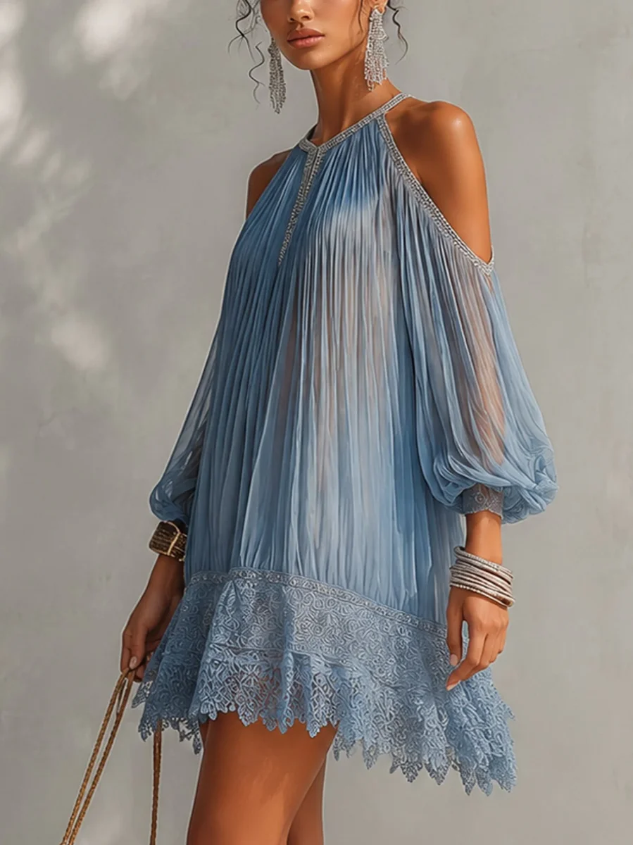 Soffia - Vestido Mini Arrugado Azul con Hombros al Descubierto y Cierre de Encaje para Mujer - Imagen 3