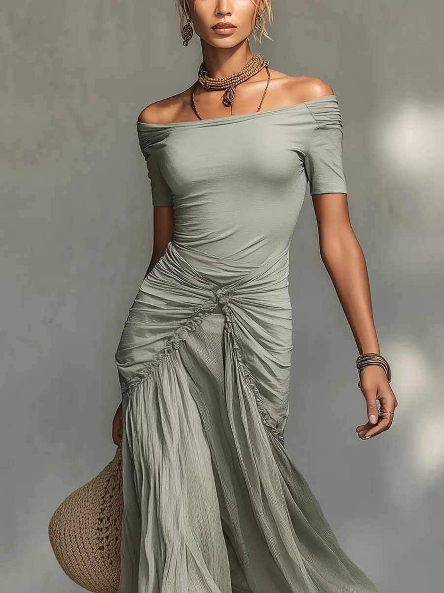Clara - Vestido Maxi de Tela Stretch Gris y Chiffon para Mujer - Imagen 5