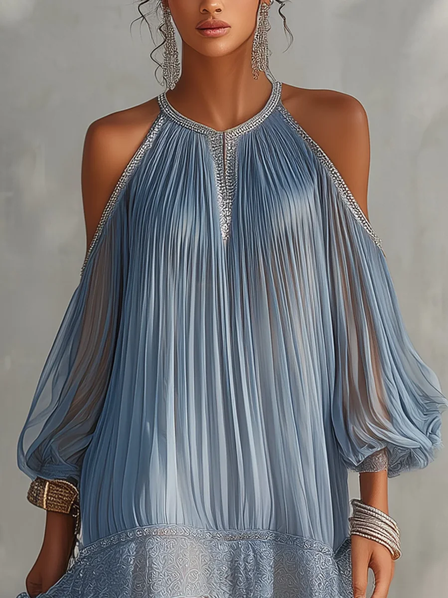 Soffia - Vestido Mini Arrugado Azul con Hombros al Descubierto y Cierre de Encaje para Mujer - Imagen 4
