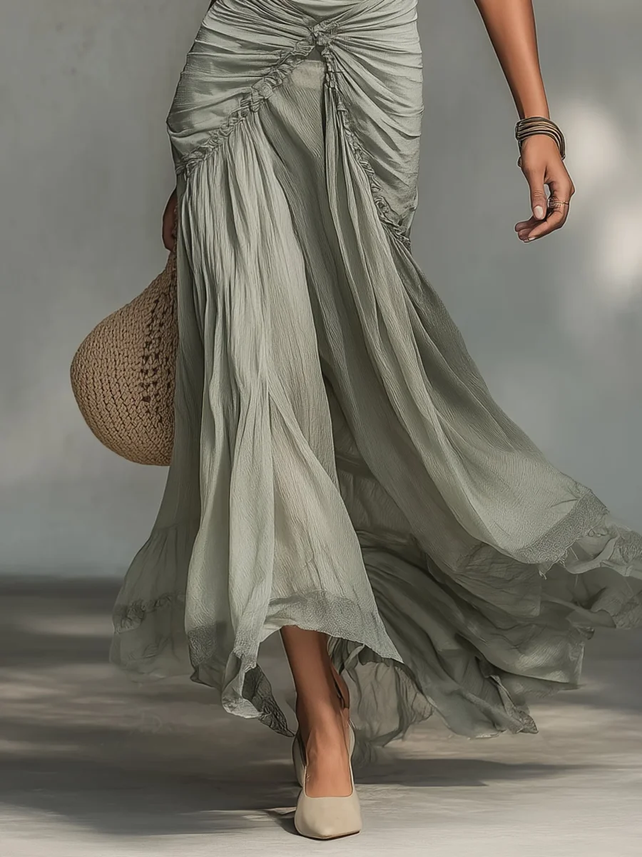 Clara - Vestido Maxi de Tela Stretch Gris y Chiffon para Mujer - Imagen 6
