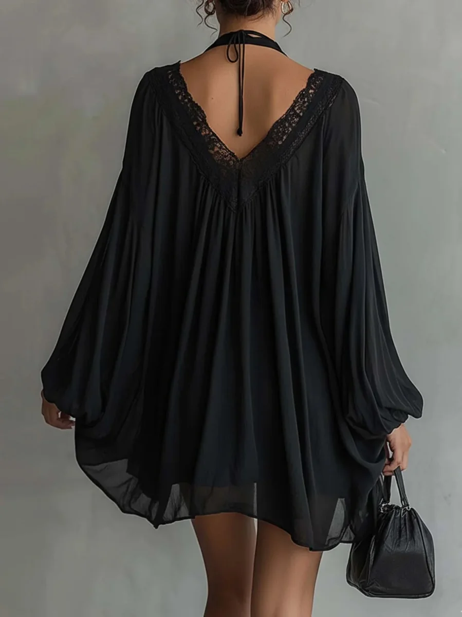 Laura - Vestido Mini de Chiffon Negro con Escote de Encaje para Mujer - Imagen 3
