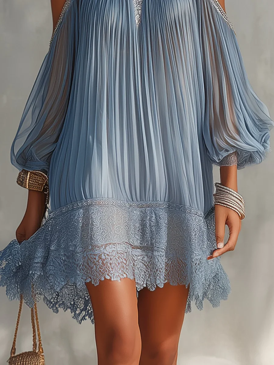 Soffia - Vestido Mini Arrugado Azul con Hombros al Descubierto y Cierre de Encaje para Mujer - Imagen 5