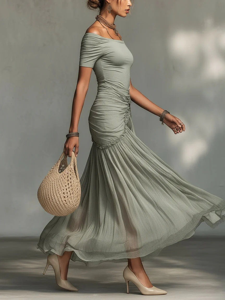 Clara - Vestido Maxi de Tela Stretch Gris y Chiffon para Mujer - Imagen 4