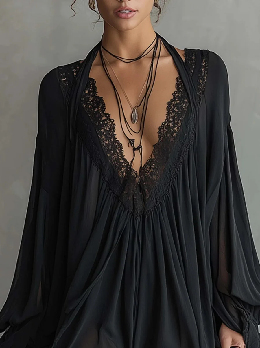 Laura - Vestido Mini de Chiffon Negro con Escote de Encaje para Mujer - Imagen 5