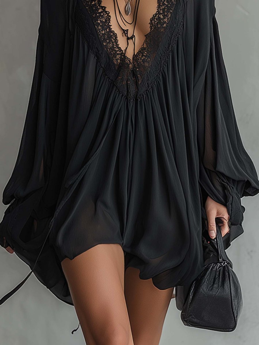 Laura - Vestido Mini de Chiffon Negro con Escote de Encaje para Mujer - Imagen 4