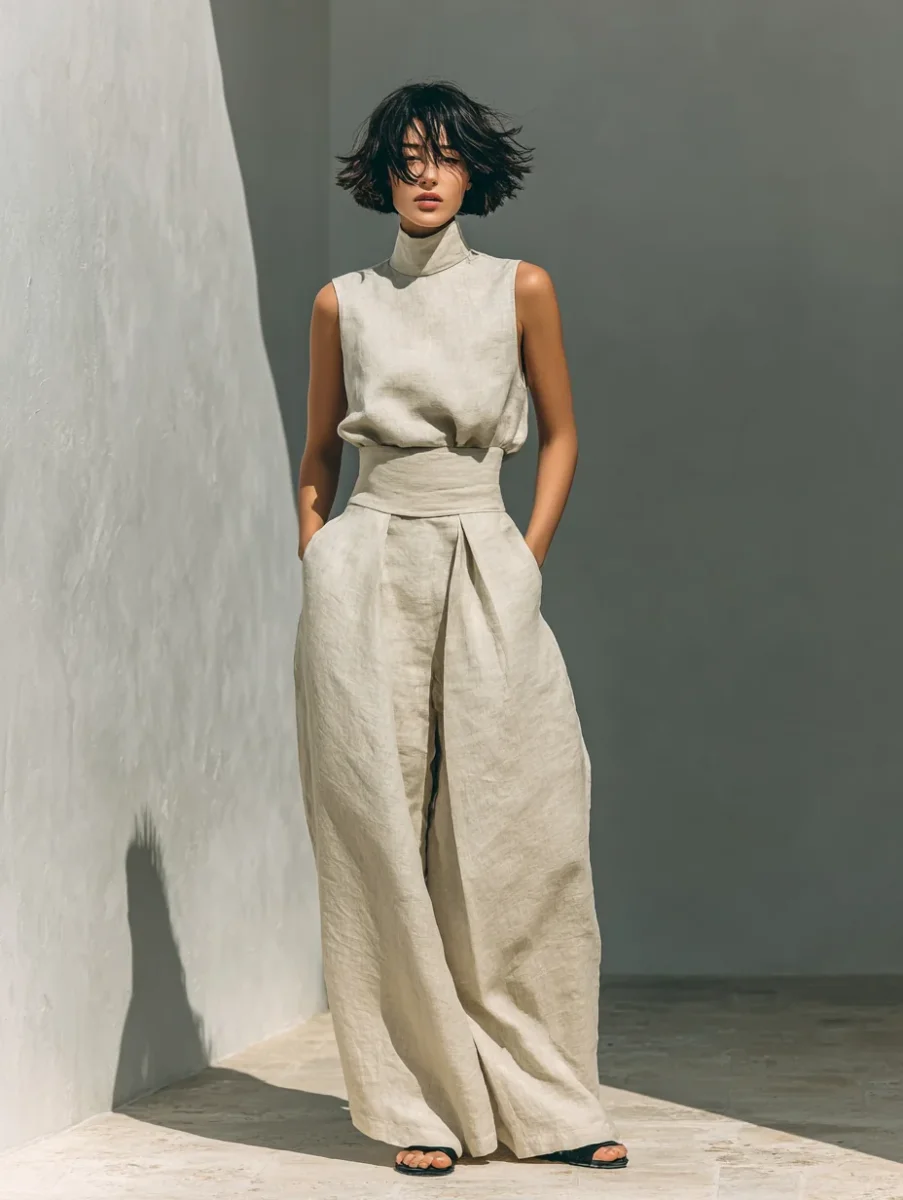 Aida - Conjunto de Blusa Sin Mangas y Pantalones de Pierna Ancha en Algodón y Lino Minimalista para Mujer - Imagen 9