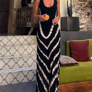 Juana - Vestido largo elástico con lazo y estampado de olas para Mujer