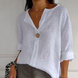 ARAI - Top de algodón y lino con cuello en V y botones