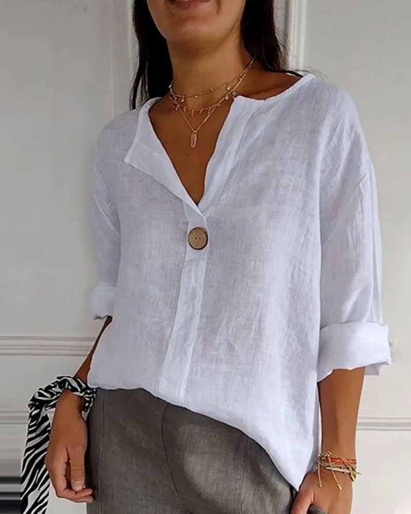 ARAI - Top de algodón y lino con cuello en V y botones - Imagen 2