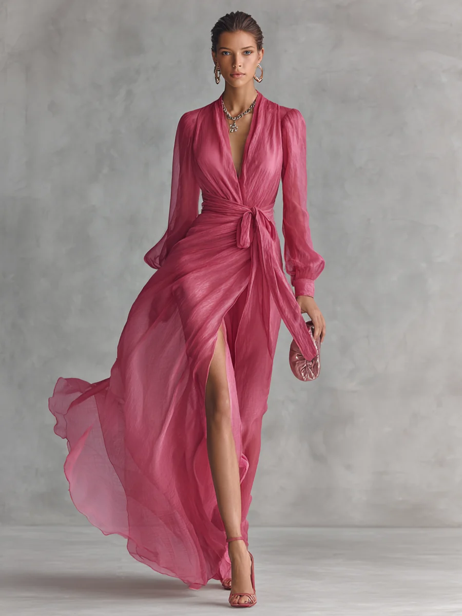Cindy - Vestido de Chiffon Rosa con Escote en V para Mujer - Imagen 3