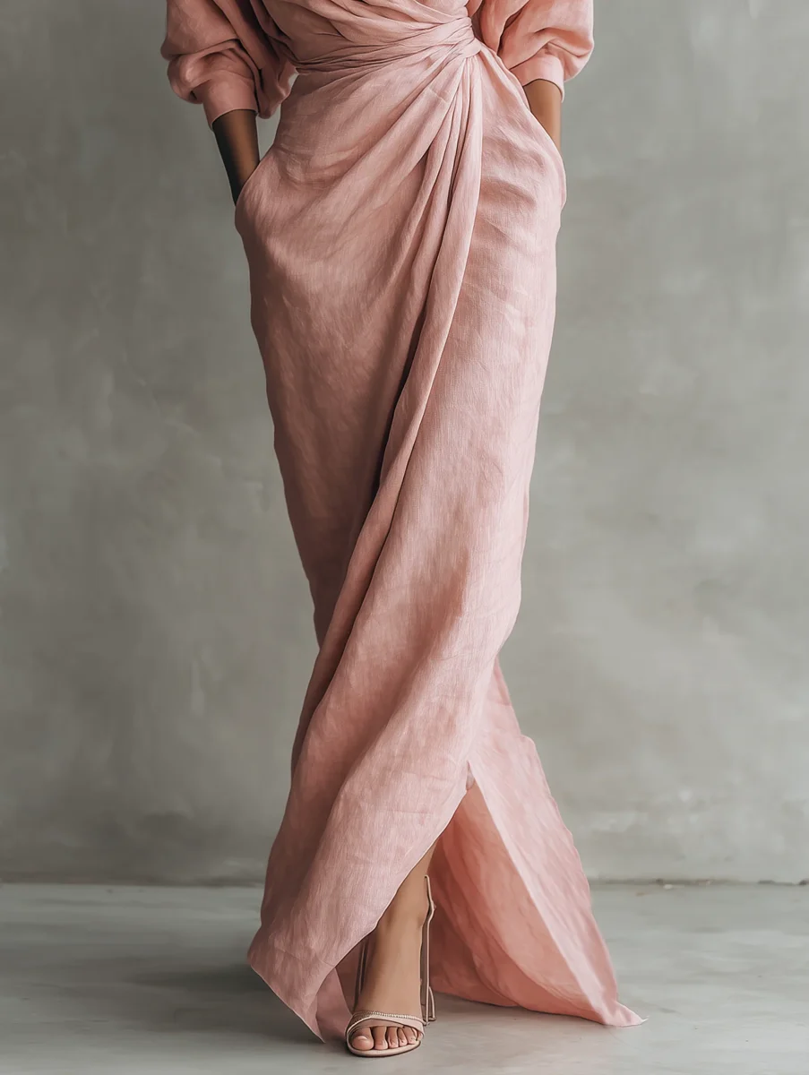 Rosa - Vestido Maxi Minimalista Rosa con escote en V en mezcla de Lino para Mujer - Imagen 8