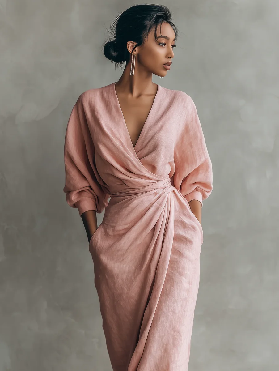 Rosa - Vestido Maxi Minimalista Rosa con escote en V en mezcla de Lino para Mujer - Imagen 7