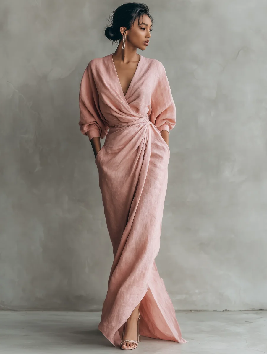 Rosa - Vestido Maxi Minimalista Rosa con escote en V en mezcla de Lino para Mujer - Imagen 6