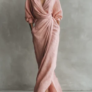 Rosa - Vestido Maxi Minimalista Rosa con escote en V en mezcla de Lino para Mujer
