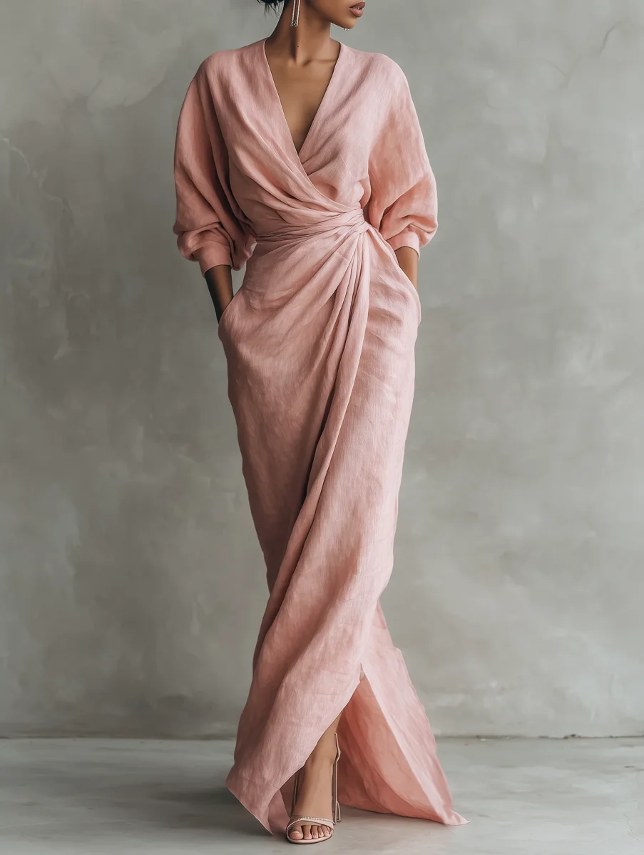 Rosa - Vestido Maxi Minimalista Rosa con escote en V en mezcla de Lino para Mujer - Imagen 2