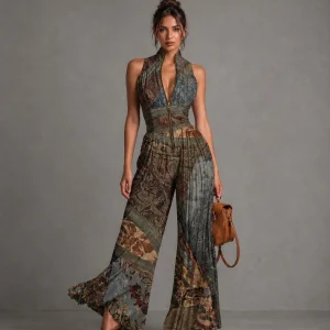 Rosario - Mono de gasa de corte ancho con pliegues, sin mangas, cremallera y estampado étnico bohemio para Mujer