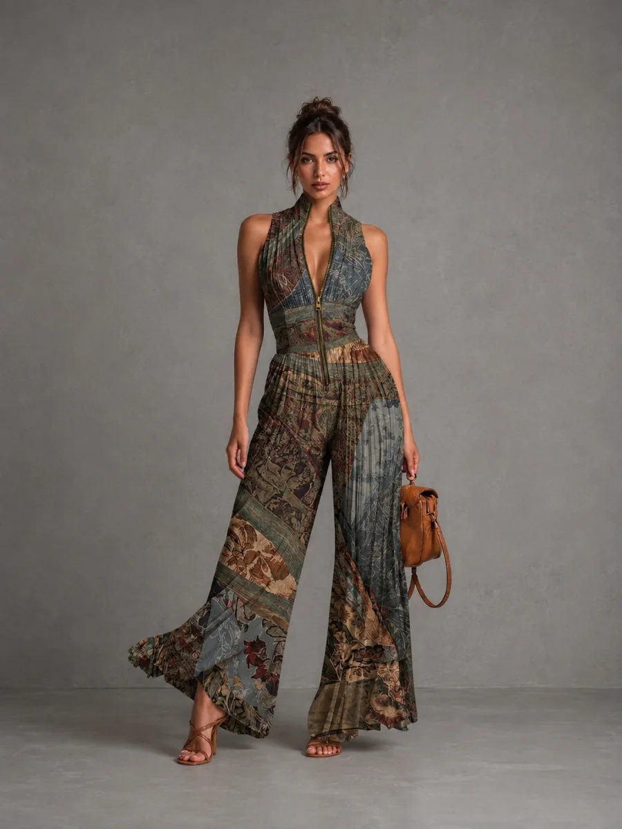 Rosario - Mono de gasa de corte ancho con pliegues, sin mangas, cremallera y estampado étnico bohemio para Mujer - Imagen 2