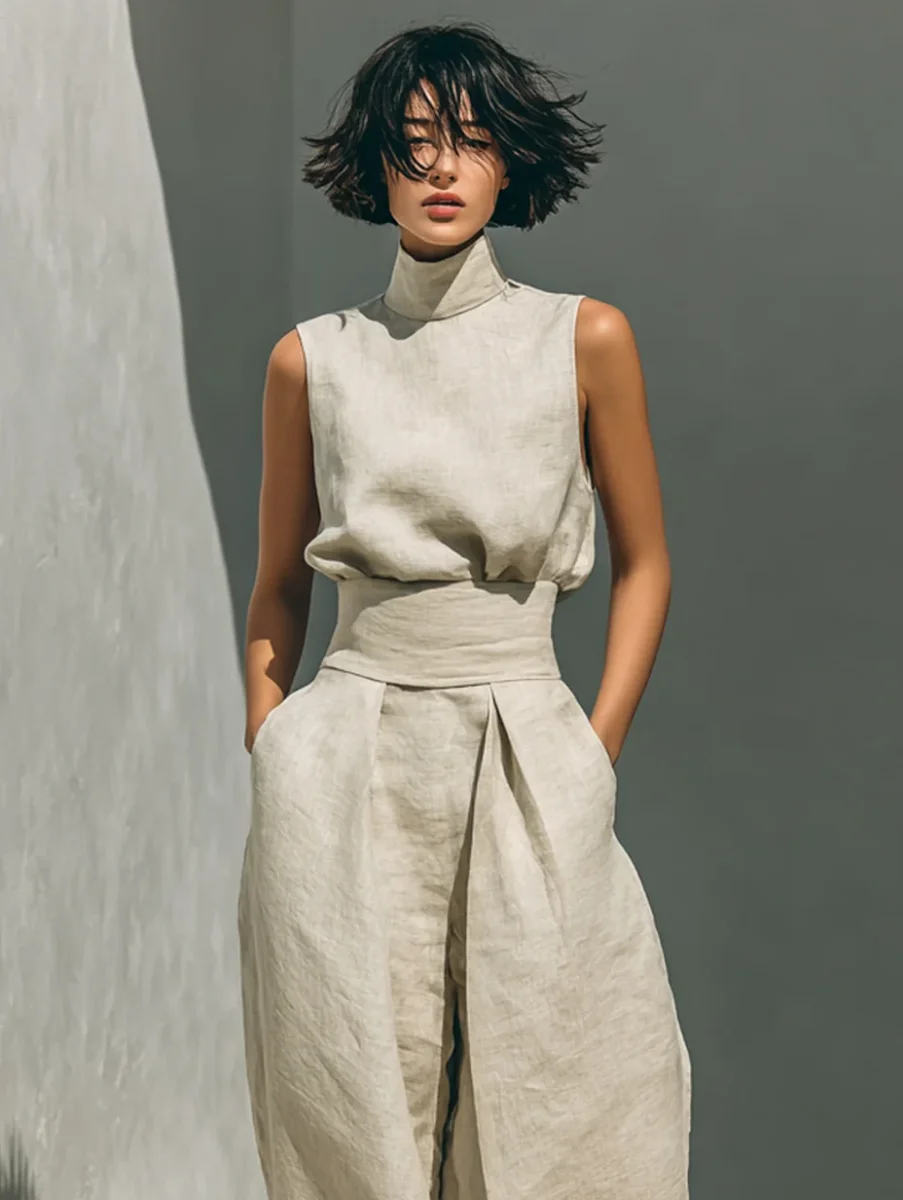 Aida - Conjunto de Blusa Sin Mangas y Pantalones de Pierna Ancha en Algodón y Lino Minimalista para Mujer - Imagen 7