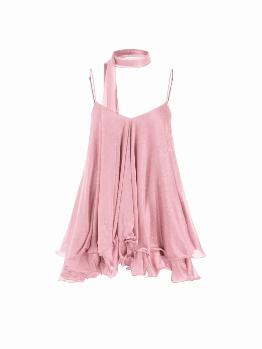 Brisa - Minivestido con escote en V, cuello halter, volantes y pañuelo para Mujer - Imagen 5