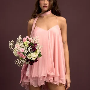 Brisa - Minivestido con escote en V, cuello halter, volantes y pañuelo para Mujer