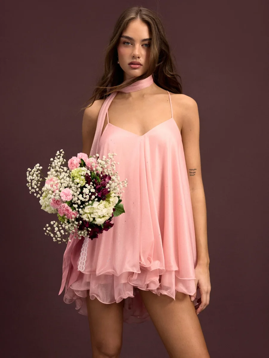 Brisa - Minivestido con escote en V, cuello halter, volantes y pañuelo para Mujer - Imagen 2