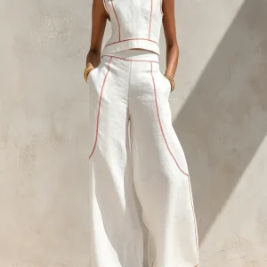 Vitto | Conjunto blanco con top sin mangas y pantalón de pierna ancha para Mujer