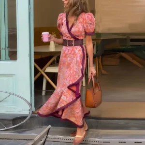 Armen - Elegante vestido largo rosa con mangas cortas