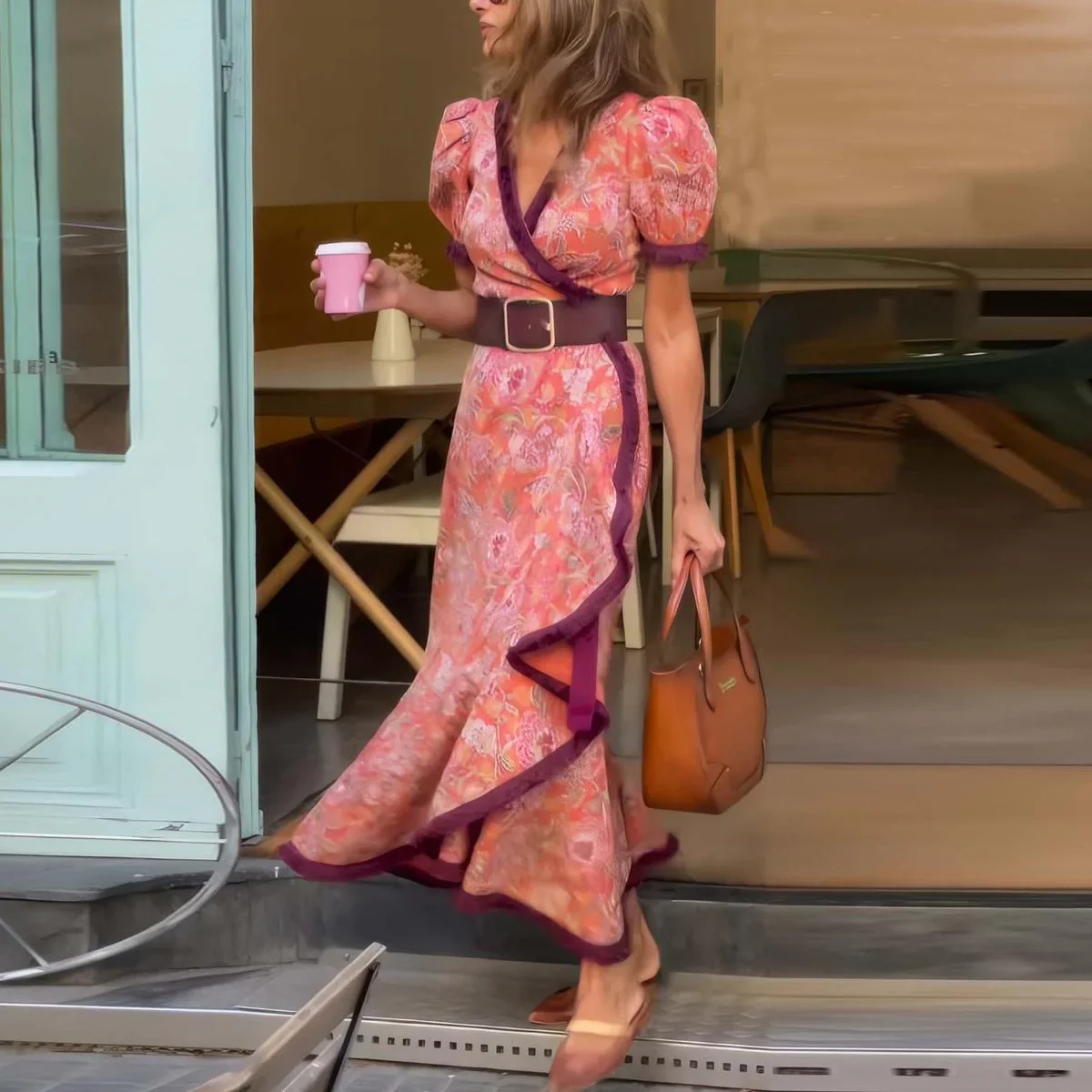 Armen - Elegante vestido largo rosa con mangas cortas - Imagen 2