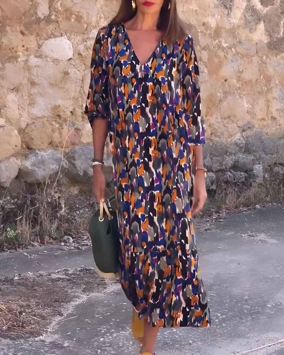 Nathalie | Vestido con cuello en V y estampado retro - Imagen 2
