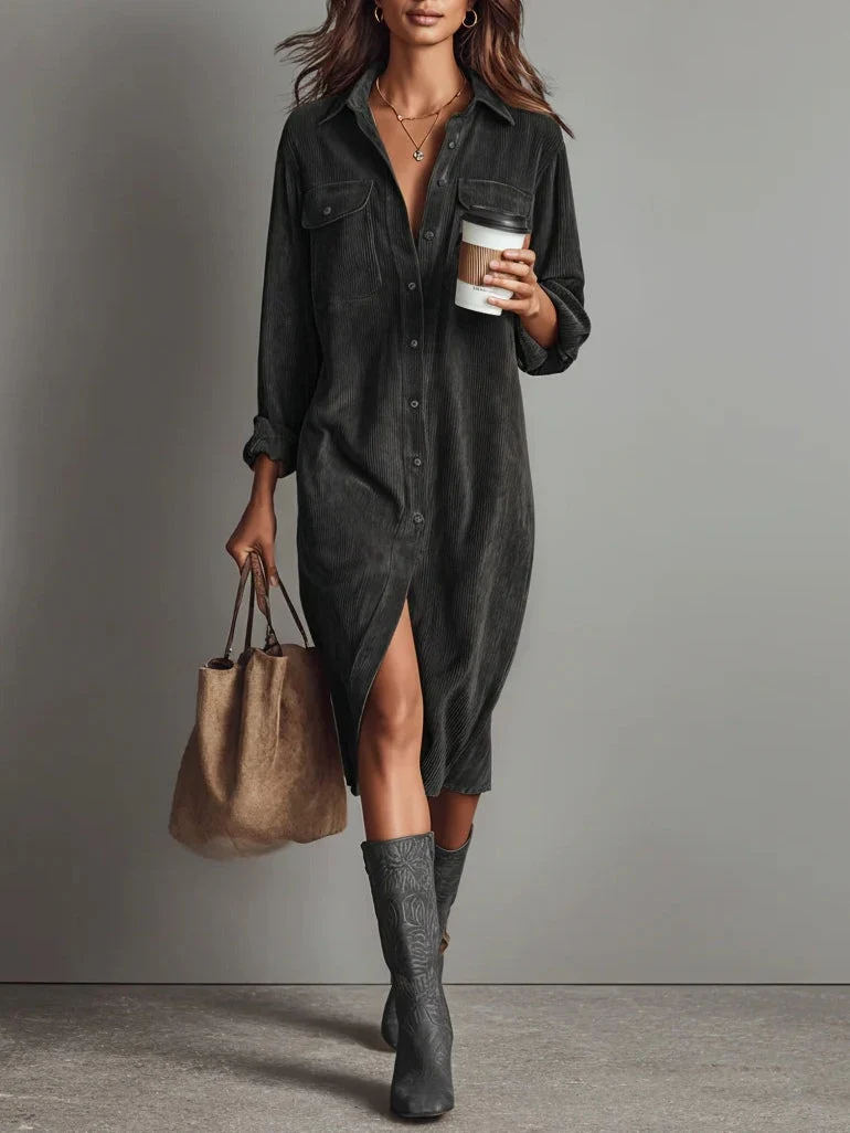Margriet | Vestido Midi de Terciopelo Acanalado con Bolsillos y Botonadura Simple para Mujer - Imagen 5