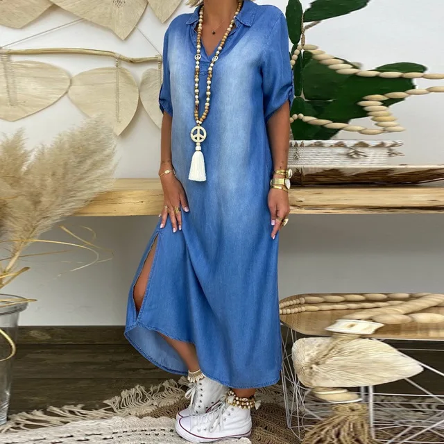 Lea | Vestido largo de efecto denim con abertura lateral - Imagen 4
