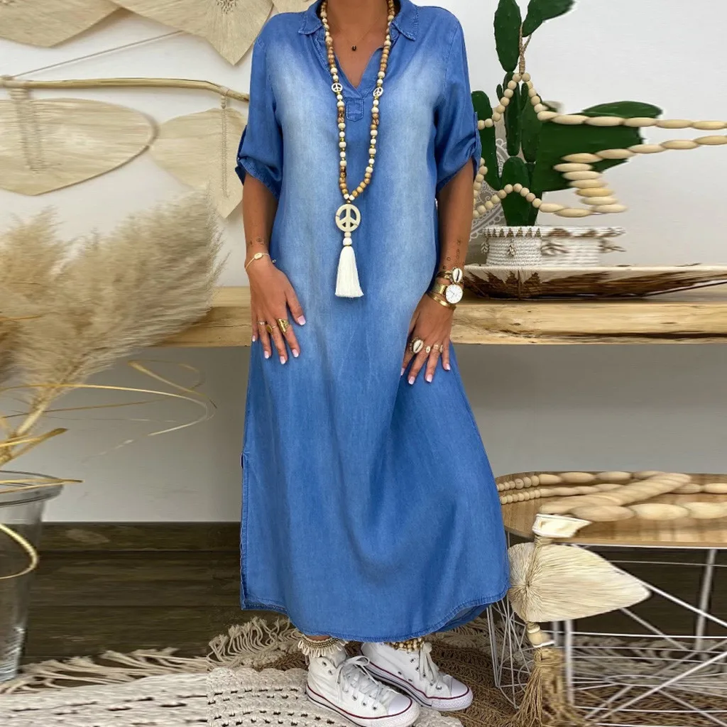 Lea | Vestido largo de efecto denim con abertura lateral - Imagen 7