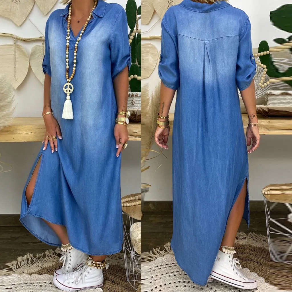 Lea | Vestido largo de efecto denim con abertura lateral - Imagen 8