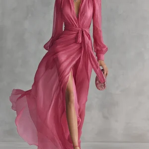 Cindy - Vestido de Chiffon Rosa con Escote en V para Mujer