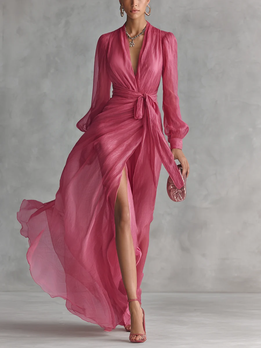 Cindy - Vestido de Chiffon Rosa con Escote en V para Mujer - Imagen 2