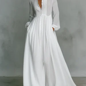 Elisa - Maxi Minimalista en Algodón y Lino con Patchwork, Cuello Alto y Mangas Largas