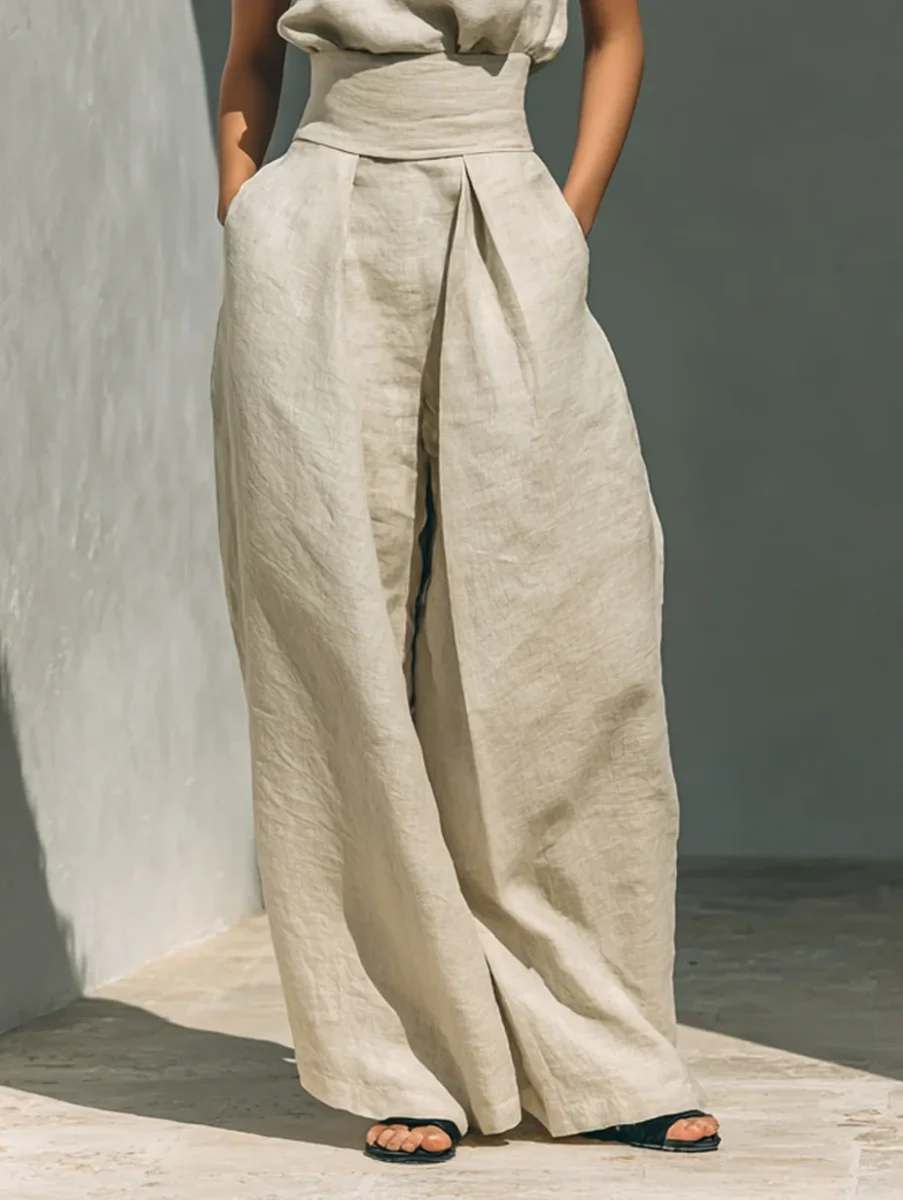 Aida - Conjunto de Blusa Sin Mangas y Pantalones de Pierna Ancha en Algodón y Lino Minimalista para Mujer - Imagen 8