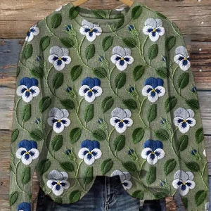 Coral - Sudadera casual con estampado gráfico de hojas florales y bordado para mujer