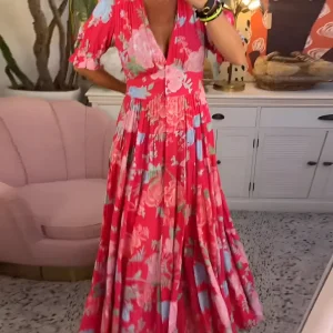 Carine | Vestido con cuello en V y bolsillos con estampado floral