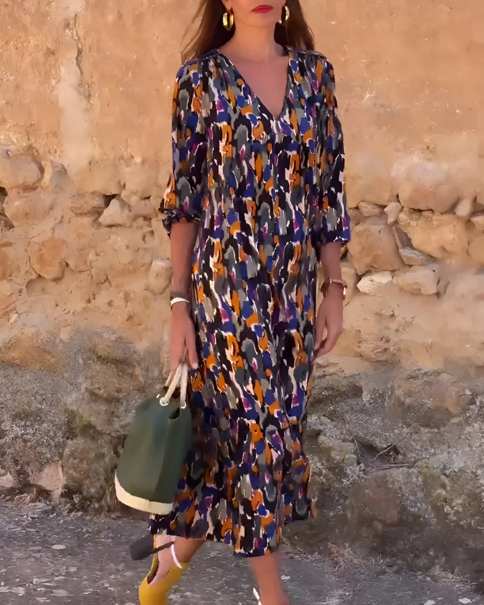 Nathalie | Vestido con cuello en V y estampado retro - Imagen 3