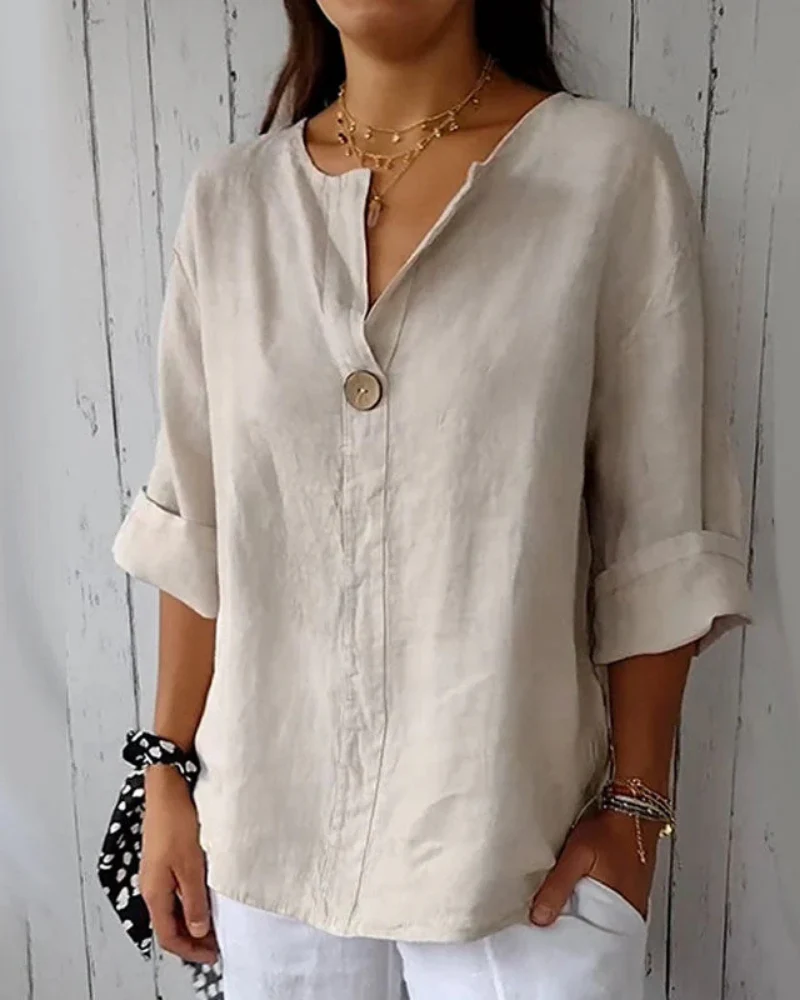 ARAI - Top de algodón y lino con cuello en V y botones - Imagen 5