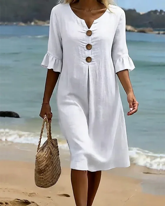 Vanesa | Vestido con textura de lino con manga abullonada y botones para Mujer - Imagen 3