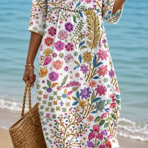 Flor - Vestido Midi Suave con Elegante Patrón Floral Multicolor para Mujer