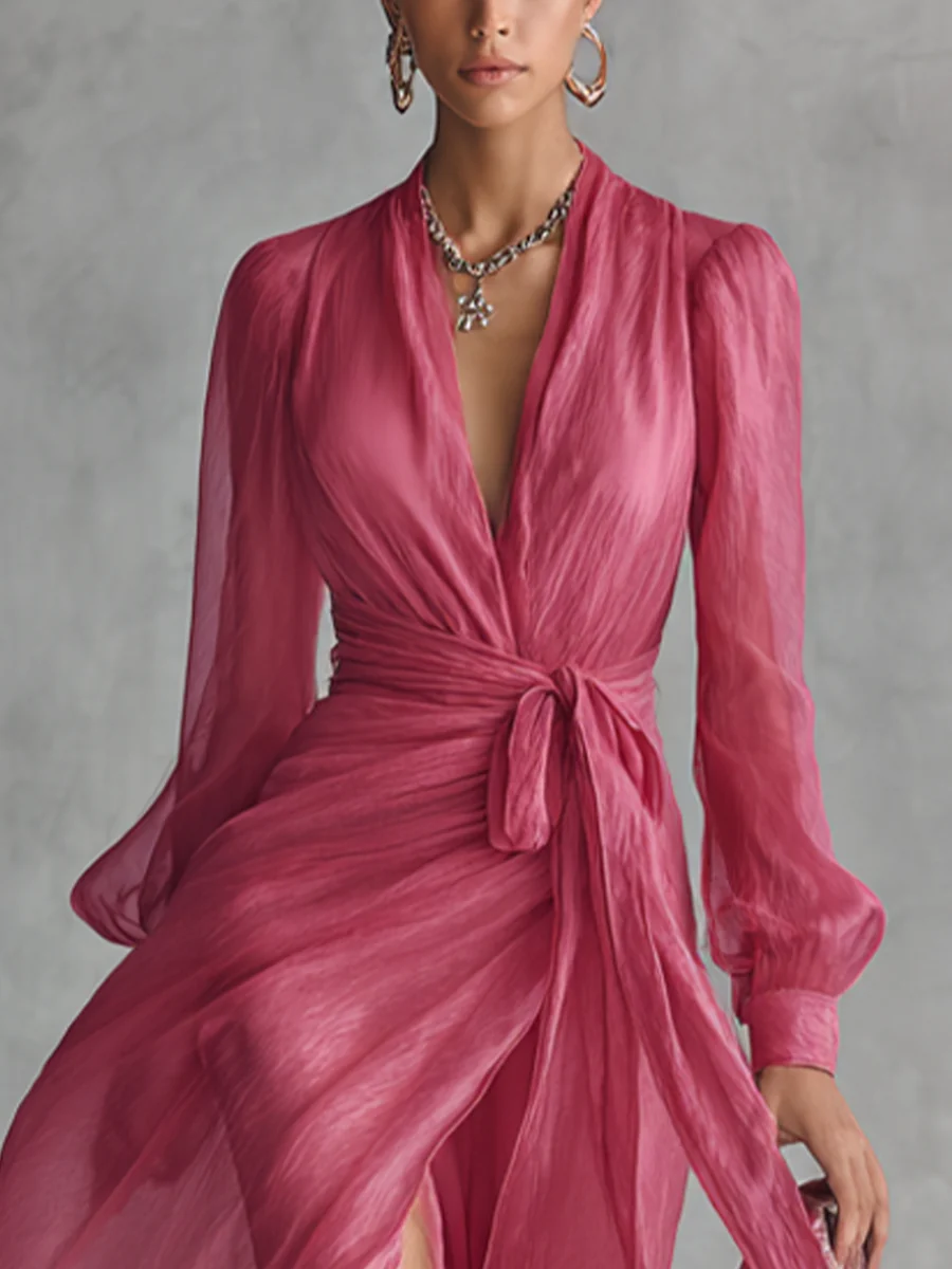 Cindy - Vestido de Chiffon Rosa con Escote en V para Mujer - Imagen 4