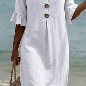 Vanesa | Vestido con textura de lino con manga abullonada y botones para Mujer